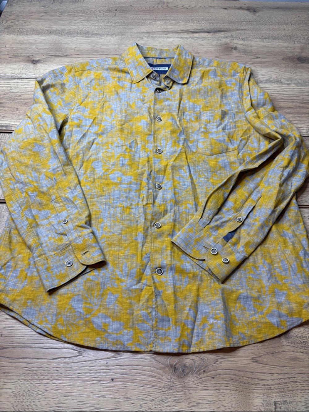 Men's 32 Bar BluesYellow Floral Button-Down Shirt Linen Blend Size Large